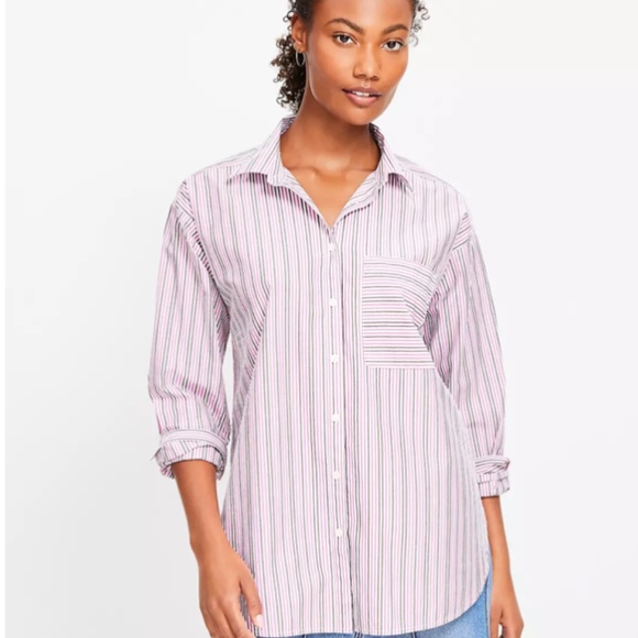 Loft Striped Linen-Blend  Everyday Oversized Pocket Shirt - navy/white - large - Picture 5 of 9